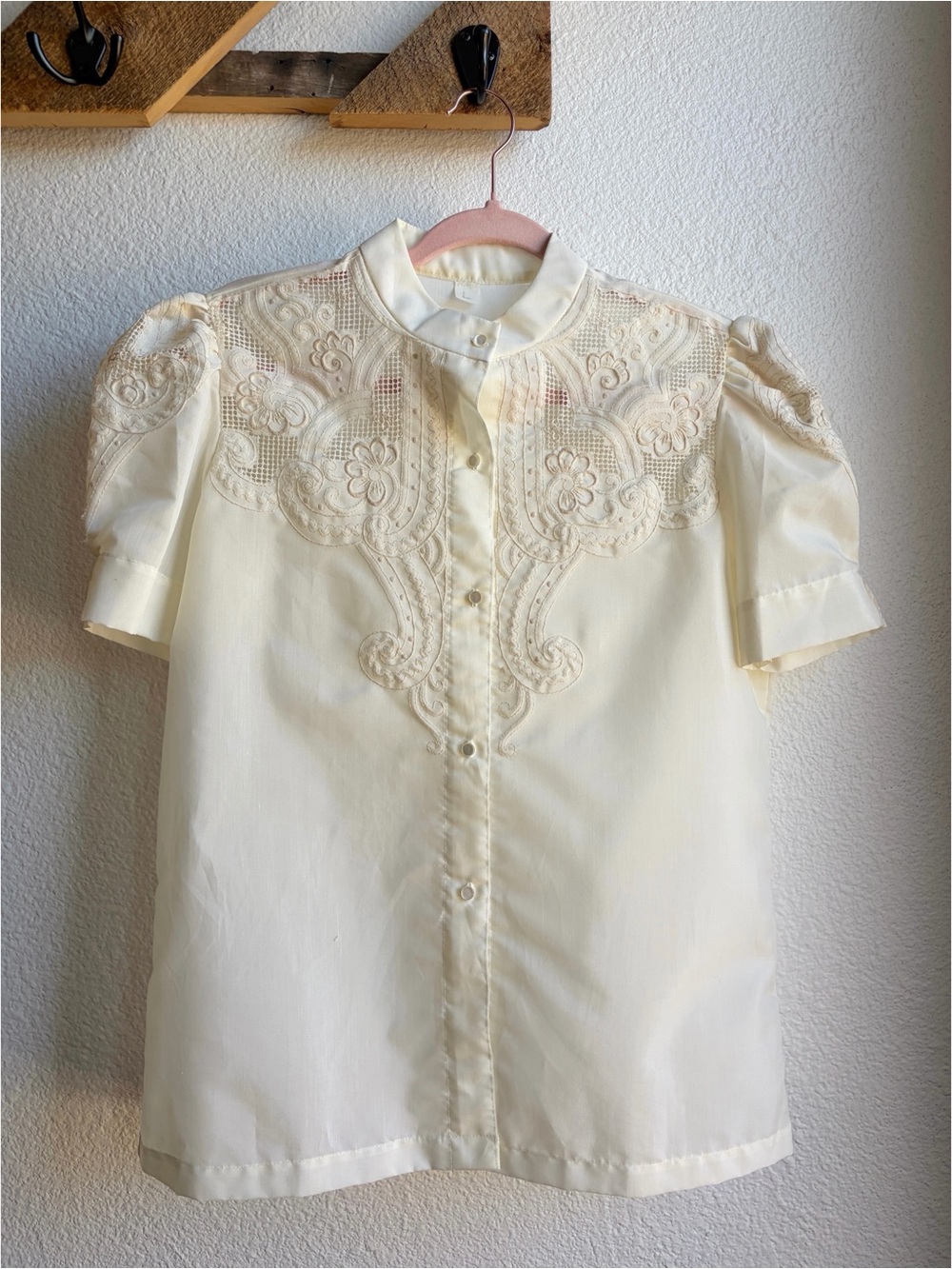 Vintage Ivory Embroidered Bib Puff Sleeve Prairie Blouse Large